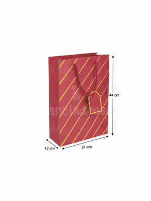 Çizgili Karton Hediye Çantası – Etiketli Lux Alışveriş Çantası Bordo 31x44x12 cm