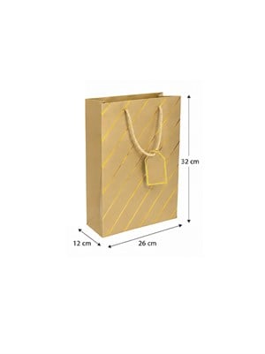 Çizgili Karton Hediye Çantası – Etiketli Lux Alışveriş Çantası Altın 26x32x12 cm