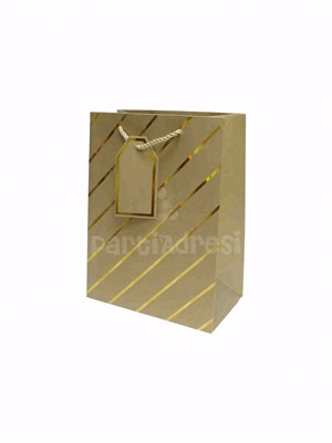 Çizgili Karton Hediye Çantası – Etiketli Lux Alışveriş Çantası Altın 31x44x12 cm