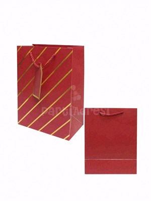 Çizgili Karton Hediye Çantası – Etiketli Lux Alışveriş Çantası Bordo 31x44x12 cm