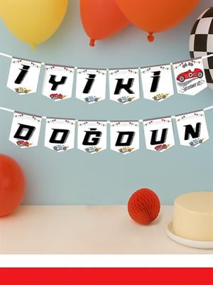 Yarış Arabaları Temalı İyi Ki Doğdun Yazı Banner Doğum Günü Parti Süsü