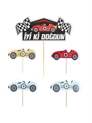 Yarış Arabaları Temalı Kürdan Figürlü Cupcake Kürdanı Pasta Süsü 5li