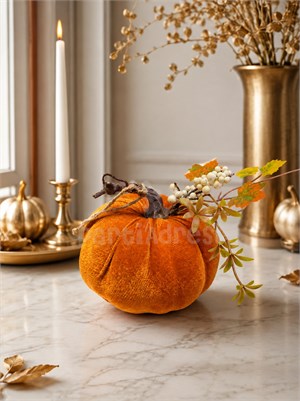Dekoratif Turuncu Kadife Balkabağı 10 cm – Halloween ve Sonbahar Dekorasyonu 
