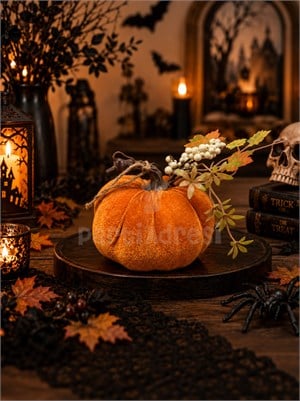 Dekoratif Turuncu Kadife Balkabağı 10 cm – Halloween ve Sonbahar Dekorasyonu 