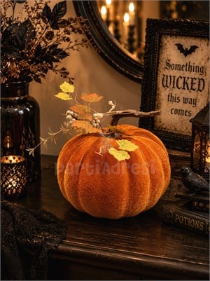 Dekoratif Turuncu Kadife Balkabağı 18 cm – Halloween ve Sonbahar Dekorasyonu    - Balkabakları | Parti Adresi