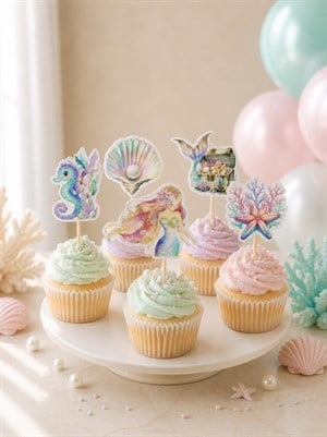 Deniz Kızı Temalı Cupcake Kürdan  –  Doğum Günü Kek Süsü 10lu