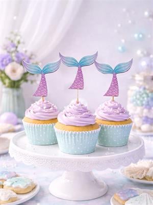 Deniz Kızı Temalı Kürdan Kuyruk Figürlü Cupcake Kürdanı Pasta Süsü 10lu