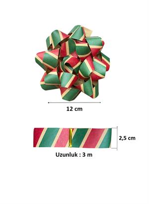 Hediye Paketleme Seti Kağıt Fiyonk ve Kurdele Kırmızı-Yeşil Çizgili 2li 