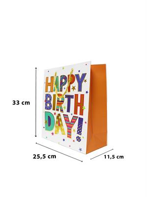 Karton Çanta Happy Birthday Yazılı Alışveriş Çantası Hediye Çantası Beyaz 33 cm