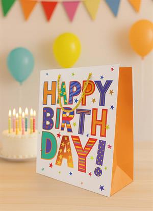 Karton Çanta Happy Birthday Yazılı Alışveriş Çantası Hediye Çantası Beyaz 33 cm