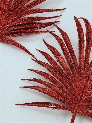 Yılbaşı Dekoru Simli Palmiye Yaprağı Dekoratif Dal Kırmızı 30 cm