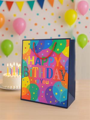 Karton Çanta Happy Birthday Yazılı Alışveriş Çantası Hediye Çantası Renkli 33 cm