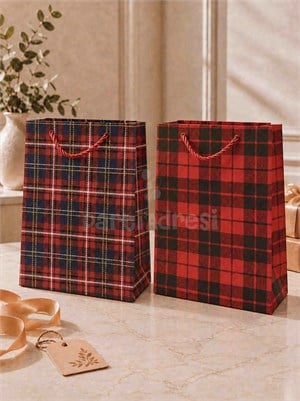 Ekose Desenli Karton Hediye Çantası – Alışveriş Çantası 30x40x12 12li