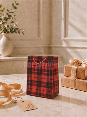Ekose Desenli Karton Hediye Çantası – Alışveriş Çantası Kırmızı 18x23x10 cm
