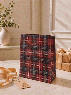 Ekose Desenli Karton Hediye Çantası – Alışveriş Çantası Lacivert 26x32x12