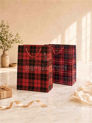 Ekose Desenli Karton Hediye Çantası – Alışveriş Çantası 26x32x12 12li