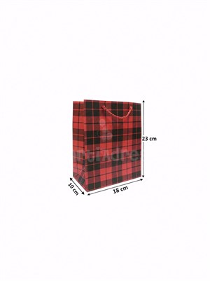 Ekose Desenli Karton Hediye Çantası – Alışveriş Çantası Kırmızı 18x23x10 cm