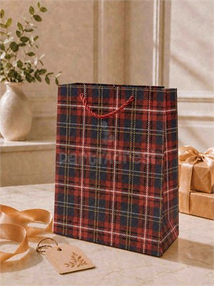 Ekose Desenli Karton Hediye Çantası – Alışveriş Çantası Lacivert 30x40x12