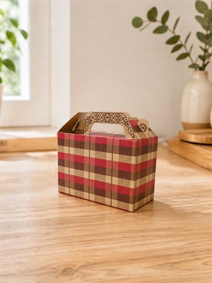 Ekose Desenli Kraft Hediye Kutusu – Kulplu Karton Taşıma Çantası 12li