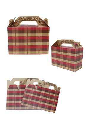 Ekose Desenli Kraft Hediye Kutusu – Kulplu Karton Taşıma Çantası 12li