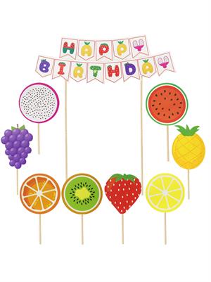 Renkli Meyve Temalı Happy Birthday Kürdan Pasta Süsü 9lu