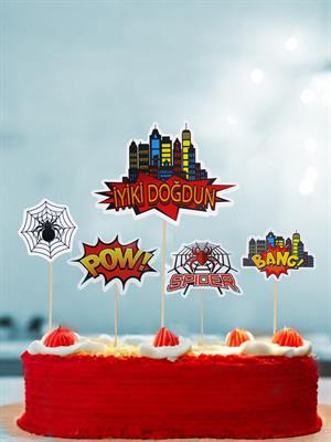 Spiderman Temalı Kürdan Figürlü Cupcake Kürdanı Pasta Süsü 5li