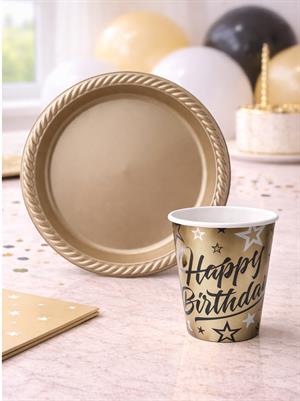 Gold Plastik Tabak & Karton Bardak Seti – Doğum Günü Parti Seti 24lü