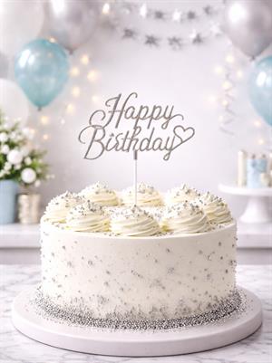 Gümüş Happy Birthday Kalpli Pasta Süsü – Doğum Günü Pasta Dekoru