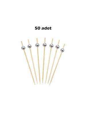 İncili Sunum Kürdanı  – Kokteyl Bambu Kürdan Gümüş 12 cm 50li