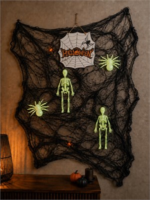 Halloween Fosforlu Parti Dekor Seti  –  Örümcek İskelet Örümcek Ağı ve Ahşap Süs 