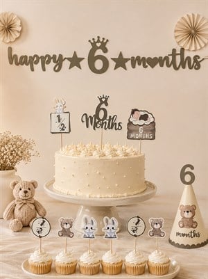 Happy 6 Months Banner 6 Ay Bebek Doğum Günü Parti Seti Haki