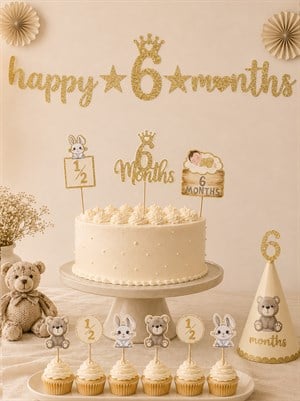 Happy 6 Months Banner 6 Ay Bebek Doğum Günü Parti Seti Gold