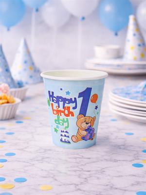 Happy Birthday 1 Yaş Karton Bardak – Ayıcıklı Parti Bardağı Mavi 8li 
