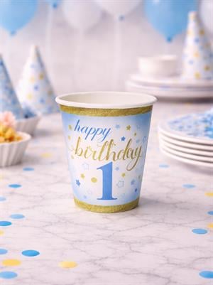 Happy Birthday 1 Yaş Karton Bardak Mavi – Doğum Günü Parti Bardağı 8 Adet