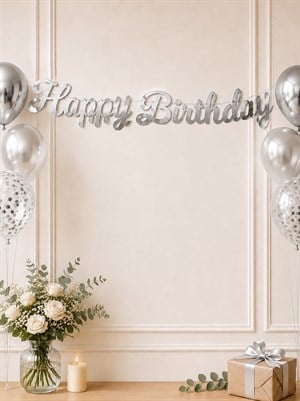 Happy Birthday Kaligrafi Banner Gümüş