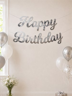 Happy Birthday Kaligrafi Banner Gümüş