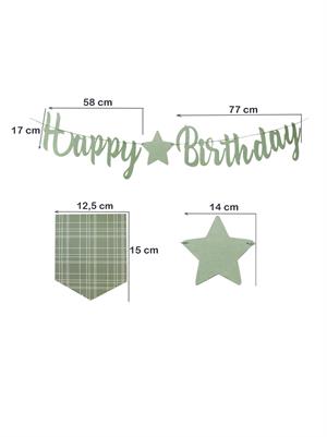 Happy Birthday Kaligrafi Banner – Retro Ekose Bayraklı Doğum Günü Süsü Yeşil