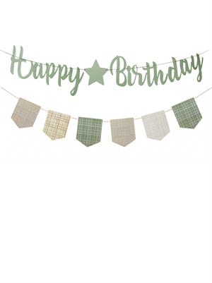 Happy Birthday Kaligrafi Banner – Retro Ekose Bayraklı Doğum Günü Süsü Yeşil