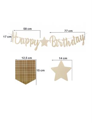 Happy Birthday Kaligrafi Banner – Retro Ekose Bayraklı Doğum Günü Süsü Bej