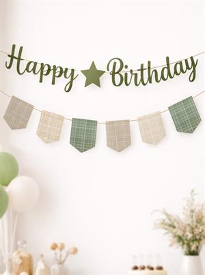Happy Birthday Kaligrafi Banner – Retro Ekose Bayraklı Doğum Günü Süsü Yeşil