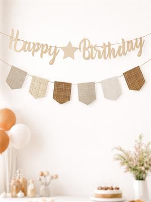 Happy Birthday Kaligrafi Banner – Retro Ekose Bayraklı Doğum Günü Süsü Bej