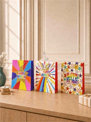Happy Birthday Simli Karton Çanta – Hediye Alışveriş Çantası 26x32x12 cm 12li
