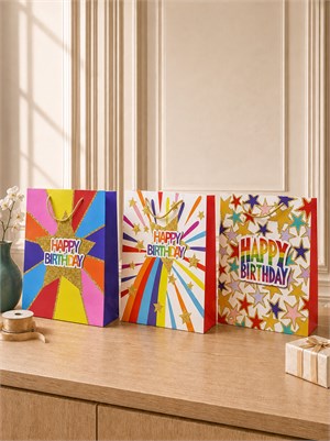 Happy Birthday Simli Karton Çanta – Hediye Alışveriş Çantası 30x40x12 cm 12li