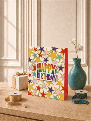 Happy Birthday Simli Karton Çanta – Hediye Alışveriş Çantası Beyaz 26x32x12 cm