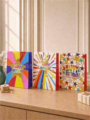 Happy Birthday Simli Karton Çanta – Hediye Alışveriş Çantası 30x40x12 cm 12li