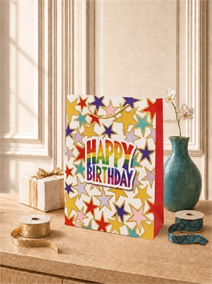 Happy Birthday Simli Karton Çanta – Hediye Alışveriş Çantası Beyaz 30x40x12 cm