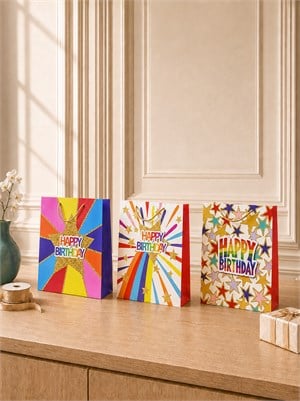 Happy Birthday Simli Karton Çanta – Hediye Alışveriş Çantası 26x32x12 cm 12li