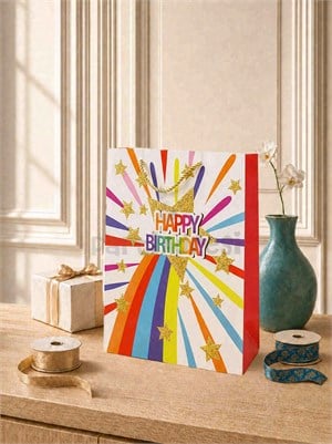 Happy Birthday Simli Karton Çanta – Hediye Alışveriş Çantası Renkli 30x40x12 cm