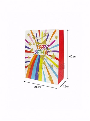 Happy Birthday Simli Karton Çanta – Hediye Alışveriş Çantası Renkli 30x40x12 cm