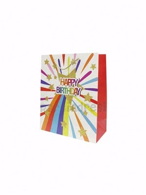 Happy Birthday Simli Karton Çanta – Hediye Alışveriş Çantası Renkli 26x32x12 cm